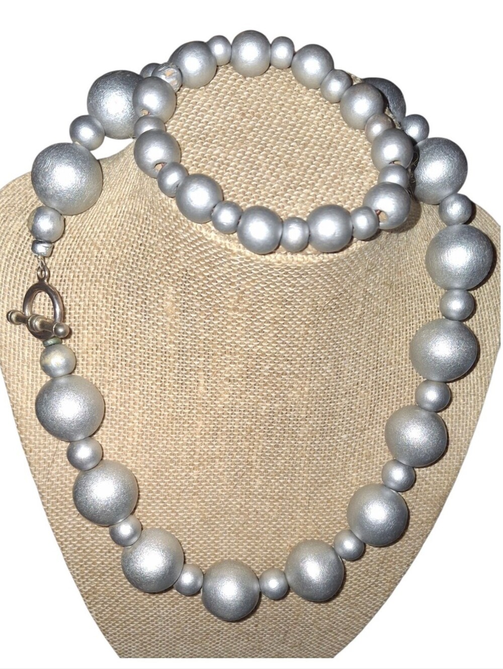 Silver Wood? Beaded Necklace and Bracelet Set Lightweight Women Jewelry